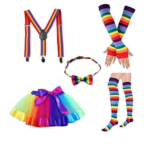 Regenbogen Tutu Rock Set FüR Erwachsene - Bunte Fliege, Lange Handschuhe, StrüMpfe Und HosenträGer - Perfekt FüR CSD, KostüMpartys Und Geburtstagsfeiern von TENDYCOCO