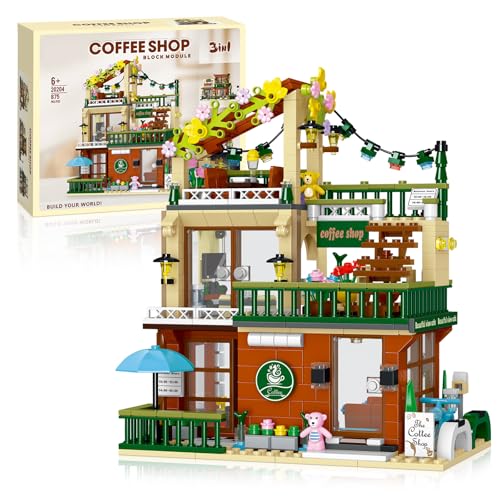 TENYEAH 3in1 City Kaffee Haus Bausteine, 875 Stüke Straßenansicht Café mit Blumen Terrasse, Creative Architecture Deko Modell mit LED für Kinder Erwachsene Sammler TENYEAH 3in1 City Kaffee Haus Bausteine, 875 Stüke Straßenansicht Café mit Blumen Terrasse, Creative Architecture Deko Modell mit LED für Kinder Erwachsene Sammler von TENYEAH