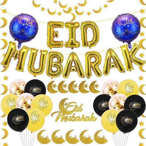 29 Stück Eid Mubarak Dekoration, Eid Mubarak Luftballons, Eid Mubarak Banner Aufhängen, Stern Mond Folienballon für Ramadan Mubarak Partydeko Schwarz Gold (Stil B) von TERJBG
