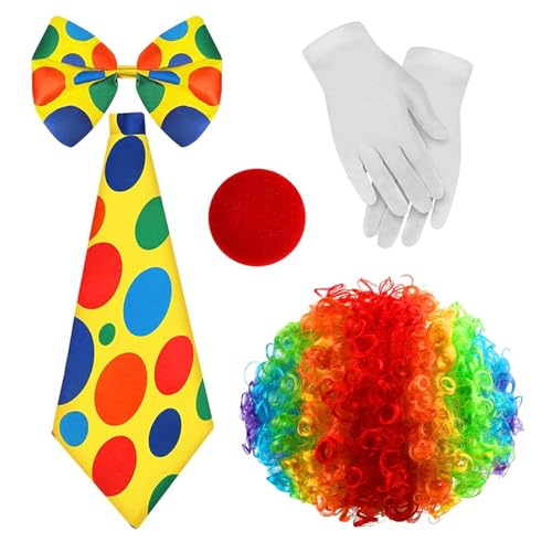 TERJBG 5 Stück Clown Kostüm Set, mit Perücke, Nase, Bunte Fliege, Krawatte und Handschuhen, Bunt und Lustig, Karneval Kostüm Kinder und Damen/Herren, für Karneval und Fasching, Unisex TERJBG 5 Stück Clown Kostüm Set, mit Perücke, Nase, Bunte Fliege, Krawatte und Handschuhen, Bunt und Lustig, Karneval Kostüm Kinder und Damen/Herren, für Karneval und Fasching, Unisex von TERJBG