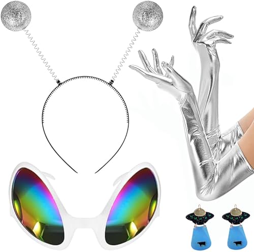 Alien Kostüm Set Glitzer, Bopper Stirnband Silber Lange Handschuhe Schwarze Acryl UFO Ohrringe Verkleidung, Erwachsene Kostüm Zubehör für Damen Alien Kostüm Set Glitzer, Bopper Stirnband Silber Lange Handschuhe Schwarze Acryl UFO Ohrringe Verkleidung, Erwachsene Kostüm Zubehör für Damen von TERJBG