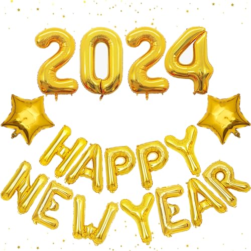 Silvester Deko 2024, 18 Stück New Year Decoration 2024 Set, Glänzende Gold Zahlen 2024 und Herz Folienballons, Helium Ballon Girlande mit Happy New Year Schriftzug von TERJBG