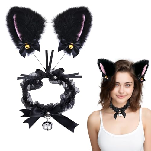 TERJBG Katzenkostüm Damen, Katze Ohr Stirnband und Halskette Set - Niedliches Katzenohren Haarband und Glöckchen Kette für Cosplay Kostümfest - Schwarz von TERJBG