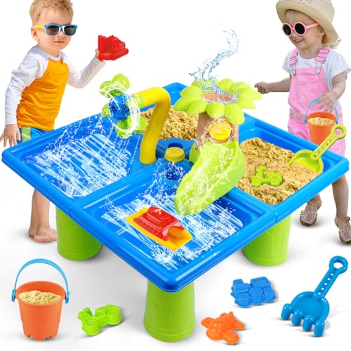 TERRAMUS 4 in 1 Wasserspieltisch, 24 STÜCK Set Sandtisch für Kinder Draußen, Wasserspiele Garten Hinterhof Sommer Outdoor Sand Spielzeug, Water Table for Kids Junge Mädchen 3 4 5 6 Jahre von TERRAMUS