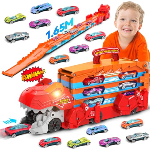 TERRAMUS Dinosaurier Transport Truck Spielzeugauto für Kinder - 3 in 1 Auswurf Folding Track Auto Spielzeug mit 8 Rennwagen, Portable Träger Fahrzeuge Spielzeug Race Cars Set für Jungen 3-5 Jahre alt TERRAMUS Dinosaurier Transport Truck Spielzeugauto für Kinder - 3 in 1 Auswurf Folding Track Auto Spielzeug mit 8 Rennwagen, Portable Träger Fahrzeuge Spielzeug Race Cars Set für Jungen 3-5 Jahre alt von TERRAMUS