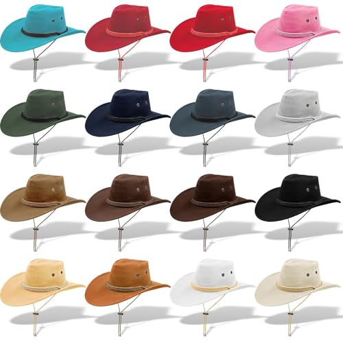 16 Stück Western Cowboyhüte Paket für Damen & Herren [Breitkrempige Cowboys Hüte] – Verstellbarer Kinnriemen, 16 Farben für Cowgirl Party Kostüm, Karneval, Country Hochzeiten, Westernparty Kostüm, Okt von TESIN