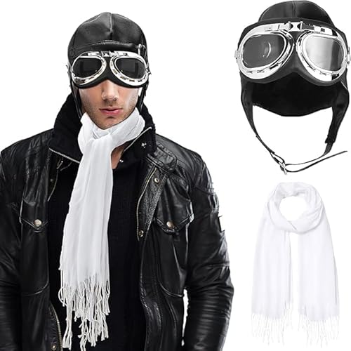Fliegerkostüm - Fliegerhut mit Brille & weißem Schal, Pilotenzubehör Set für Halloween Cosplay, Luftwaffe Mottoparty Fliegerkostüm - Fliegerhut mit Brille & weißem Schal, Pilotenzubehör Set für Halloween Cosplay, Luftwaffe Mottoparty von TESIN