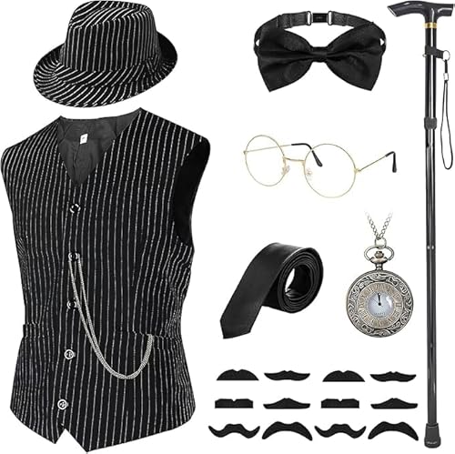 TESIN 1920er Jahre Herren-Kostüm-Zubehör, brüllende 20er-Jahre-Kostüme für Herren, Gangster-Zubehör-Set mit Weste, Krücken für Gatsby Cosplay von TESIN