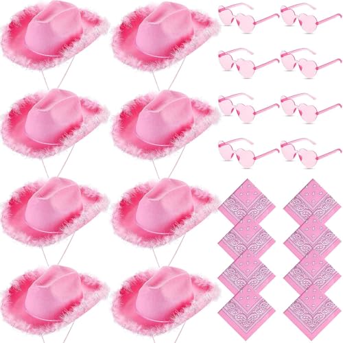TESIN 24 Stück Pinker Cowboyhüte für Frauen – Flauschige Cowgirl-Hüte mit Paisley-Bandana und Herz-Sonnenbrillen für Hochzeit, Junggesellinnenabschied, Geburtstagsparty und Kostümzubehör von TESIN