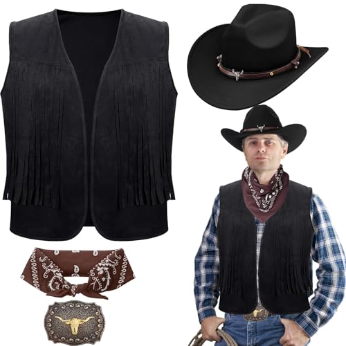 TESIN 4-teiliges Cowboy-Kostüm für Herren – Western-Outfit mit Cowboy-Fransenweste, Hut, Gürtelschnalle und Paisley-Bandana für Halloween und Cosplay von TESIN