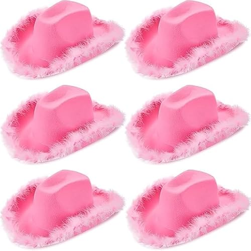 TESIN 6 Stück Pinke Cowboyhüte mit Flausch-Feder – Glitzer Cowgirl Hüte für Damen – Western Kostümhut für Junggesellinnenabschied, Geburtstag, Halloween, Karneval & Motto-Party von TESIN
