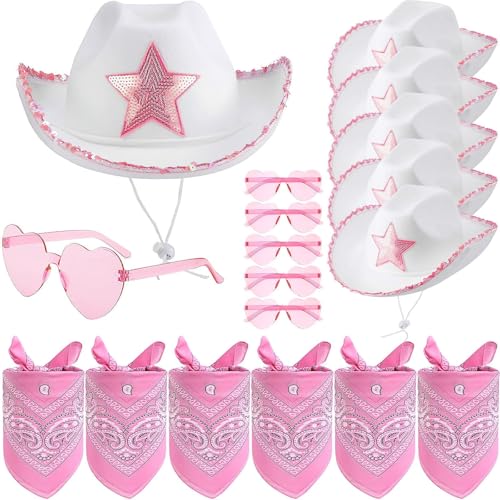 TESIN 6-teiliges Cowgirl-Set mit Cowboyhüten, herzförmigen Sonnenbrillen & Bandanas – Weißer Westernhut mit pinken Pailletten für Junggesellinnenabschiede, Kostümpartys, Hochzeiten & Festivals von TESIN