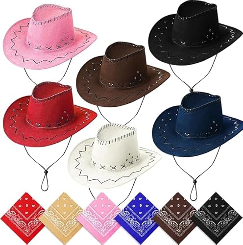 TESIN 6er-Pack Cowboyhüte und Halstücher-Set, Leder-Cowgirl-Hut und Filz-Cowboy-Hut, Western-Kostüm für Männer und Frauen, Party und Bühne, Cowboyhut Multipack TESIN 6er-Pack Cowboyhüte und Halstücher-Set, Leder-Cowgirl-Hut und Filz-Cowboy-Hut, Western-Kostüm für Männer und Frauen, Party und Bühne, Cowboyhut Multipack von TESIN