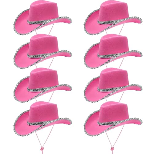 TESIN 8 Stück Pinke Cowboyhüte mit Pailletten – Glitzer Westernhut Damen für Karneval, Junggesellinnenabschied, Mottoparty, Geburtstag & Fancy Dress Kostüm von TESIN