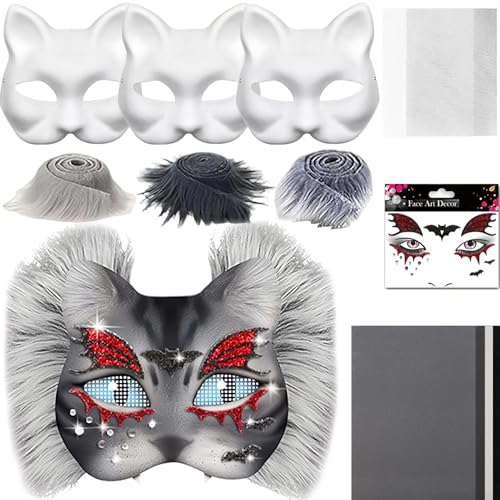 Halloween Therian Mask Kit, Halloween Maske Therian Masken Basteln Set mit Blanko Katzenmaske, Kuns Fell und Mesh, DIY Horror Furry Tiermasken für Halloween, Karneval und Make up Cosplay Party (C) von TETSMG