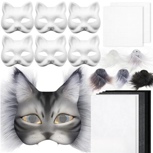 TETSMG Therian Mask Kit, Therian Masken Basteln Set mit Blanko Katzenmaske, Kuns Fell und Mesh, DIY Furry Tiermasken für Halloween, Karneval und Make up Cosplay Party (A) von TETSMG