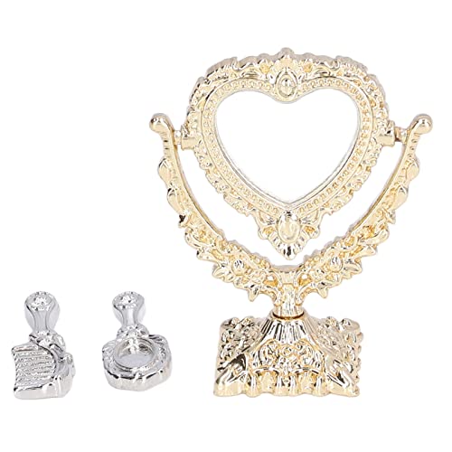 1:12 Miniaturpuppenhausspiegel und Kammset tragbare dekorative Eitelkeitszubehör für Dollhouse Badezimmer oder Schlafzimmermöbel ideal für DIY -Hobbyisten, Sammler und Kinder (Golden Peach Heart) von TEUOPIOE