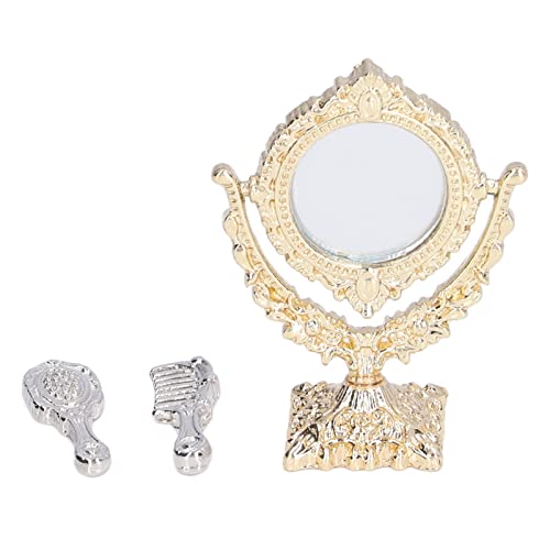 1:12 Miniaturpuppenhausspiegel und Kammset tragbare dekorative Eitelkeitszubehör für Dollhouse Badezimmer oder Schlafzimmermöbel ideal für DIY -Hobbyisten, Sammler und Kinder (Golden Round Shape) von TEUOPIOE