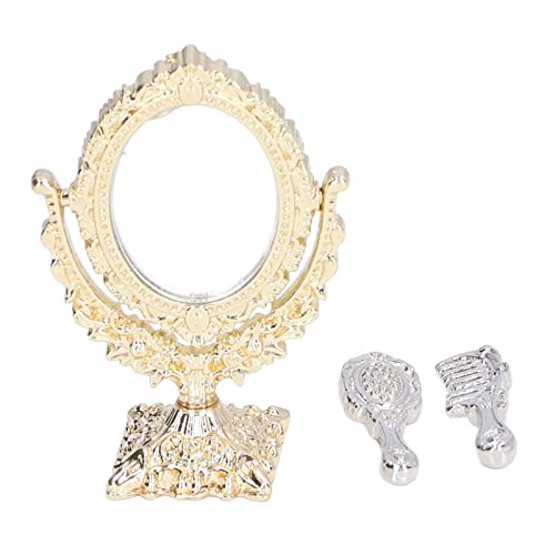 1:12 Miniaturpuppenhausspiegel und Kammset tragbare dekorative Eitelkeitszubehör für Dollhouse Badezimmer oder Schlafzimmermöbel ideal für DIY -Hobbyisten, Sammler und Kinder (Golden oval) von TEUOPIOE