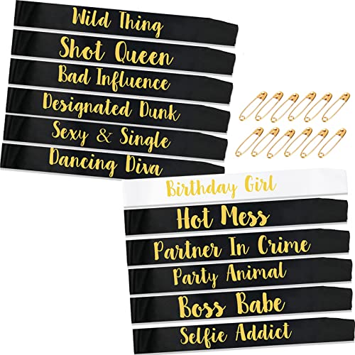 TEUVO 12St Birthday Sashes Geburtstag Schärpe zum Frau und Mädchen, 1St Weiß Geburtstag Schärpe & 11St Schwarz Gruppe Schärpen zum Geburtstag Party Accessoires Geschenke Gruppe Gefälligkeiten Zubehör von TEUVO