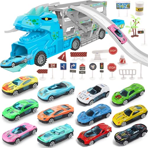 TEUVO Dinosaurier Autotransporter Spielzeug für Kinder ab 2 3 4 5 Jahre, T-Rex Dino Auto Truck Spielzeugauto LKW mit 12 Katapult Autos & 18 Verkehrsschilder, Dino Spielzeug Geschenke für Weihnachten TEUVO Dinosaurier Autotransporter Spielzeug für Kinder ab 2 3 4 5 Jahre, T-Rex Dino Auto Truck Spielzeugauto LKW mit 12 Katapult Autos & 18 Verkehrsschilder, Dino Spielzeug Geschenke für Weihnachten von TEUVO