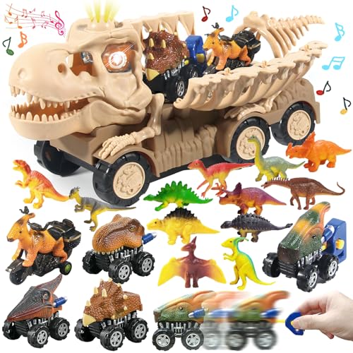 TEUVO Dinosaurier LKW Spielzeug Dino Skelett Autotransporter Truck mit Licht & Tönen, Spielzeugauto 5 Dino Autos, 12 Dinosaurier Figuren, Weihnachten Geschenke für Kinder Jungen Mädchen ab 3 4 5 Jahre von TEUVO