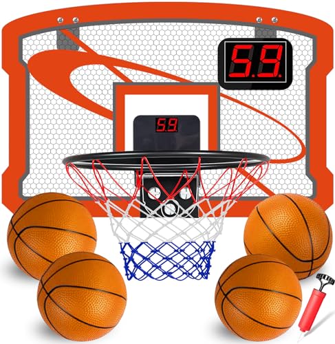 TEUVO Mini Basketballkorb Indoor Kinder mit 4 Ball & Elektronische Anzeigetafel, Tür Basketballkorb für Zimmer & Büro Basketball Korb Outdoor Wandmontage Ballnetz Office Home Sport Spielzeug Geschenke von TEUVO