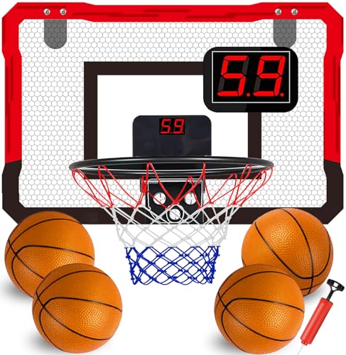 TEUVO Mini Basketballkorb Indoor mit 4 Ball, Tür Basketballkorb Kinder für Zimmer & Büro mit Elektronische Anzeigetafel Basketball Korb Outdoor Wandmontage Sport Spielzeug Geschenke für Jungen Mädchen von TEUVO