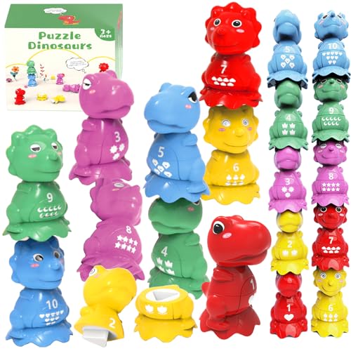 TEUVO Montessori Dinosaurier Farben Lernen Stapelspielzeug für Kleinkinder, 10 Pcs Lernspiele Matching Feinmotorik Stapelspielzeug mit Form, Dino Lernspiele Geschenke für Jungs Mädchen 2 3 4 5 6 Jahre von TEUVO