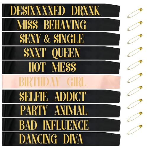 TEUVO Rose Gold Geburtstag Schärpe Birthday Sashes for Girls 10St Schärpe Satz mit 9Stück Schwarz Satin Schärpe + 1Stück Rose Gold Birthday Girl Schärpen zum Geburtstag Parteien Dekorationen Geschenk von TEUVO