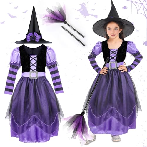 TEWWCEO Hexenkostüm für Mädchen, 4 Teiliges Halloween Hexe Kostüm Kinder mit Hexenhut, Besen, Gürtel, Set Cosplay Halloween Fasching Karneval Hexen Kostüme für Kinder, 5-6 Jahren, Größe M TEWWCEO Hexenkostüm für Mädchen, 4 Teiliges Halloween Hexe Kostüm Kinder mit Hexenhut, Besen, Gürtel, Set Cosplay Halloween Fasching Karneval Hexen Kostüme für Kinder, 5-6 Jahren, Größe M von TEWWCEO