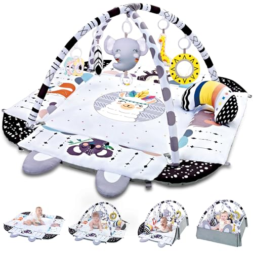 TFDER Baby Spieldecke mit Spielbogen，Multifunktionsspielbogen für Neugeborene mit 7 abnehmbaren sensorischen Spielzeugen，Krabbeldecken für Babys und Kinder ab 0+ Monaten (Schwarz und Weiß) von TFDER