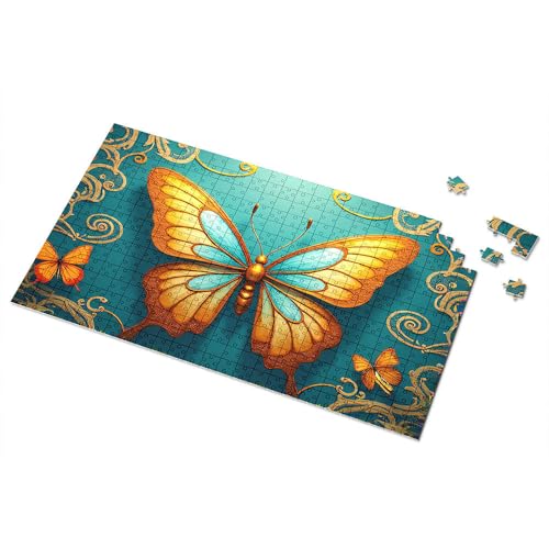 100-teiliges Puzzle für Kinder, goldener Schmetterling auf blauem Hintergrund mit floralen Designs, Bilderpuzzle, 1000 Teile, Kinderspielzeug für Mädchen (1000 Teile) von TFSW