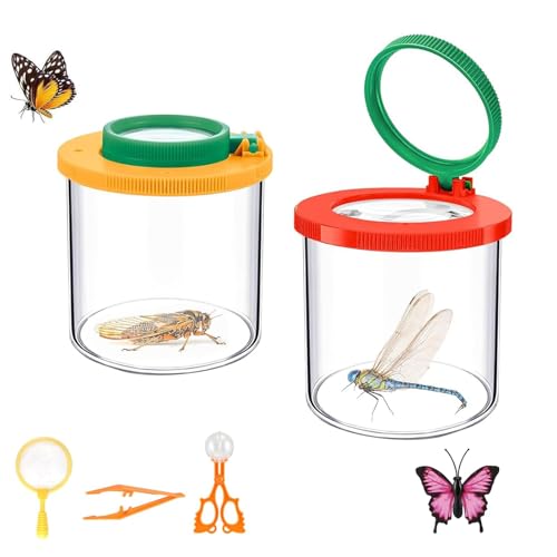 TFSYLISA 2 Stück Becherlupe Lupenbecher Set, Lupenglas für Kinder Insekten Viewer, Becher Insekten Beobachtungsbox mit Pinzette Clip und Käscher für Outdoor Wissenschaft Natur Erkundung von TFSYLISA