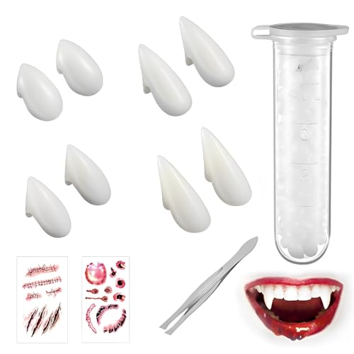 TFSZE Vampir Zähne Kit 4 Größen,4 Paare Vampir Zähne Reißzähne+1 Rohr Pellets Klebstoff+2 Bögen Halloween Tattoo,Zahnersatz Stütze Dekoration,Für Halloween Gefälligkeiten Und Passend Zum Horror Kostüm TFSZE Vampir Zähne Kit 4 Größen,4 Paare Vampir Zähne Reißzähne+1 Rohr Pellets Klebstoff+2 Bögen Halloween Tattoo,Zahnersatz Stütze Dekoration,Für Halloween Gefälligkeiten Und Passend Zum Horror Kostüm von TFSZE