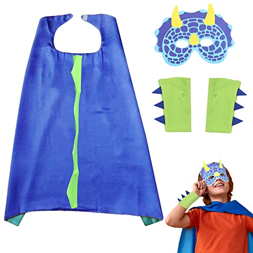 TGFIX 3 Stück Dinosaurier Umhang Blau Dino Kostüme mit Maske & Handschuhe für Junge Mädchen Cosplay Kostüme Kinderkleidung Kindergeburtstag Karneval Geschenke (3-8 Jahre)(56cm) von TGFIX