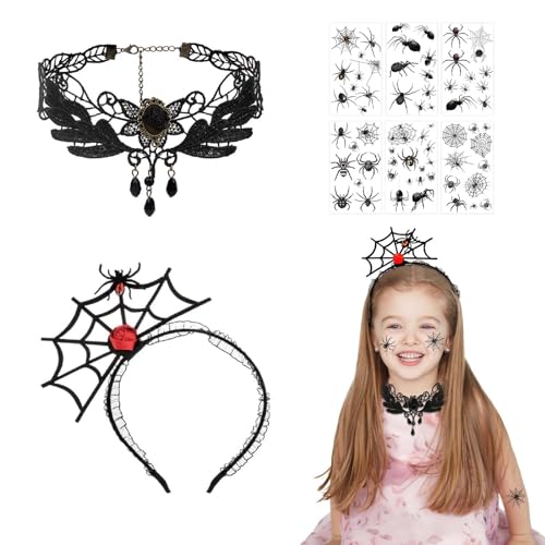 TGFIX 3 Stück Spinne Haarreifen Set für Karneval Kostüm Spinnen Stirnband Damen Spinnen Netz Haarband mit Halskette Tattoo Aufkleber Kopfschmuck für Kinder Halloween Karneval Maskerade Party von TGFIX