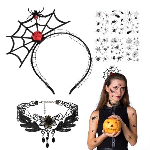 TGFIX 3 Stück Spinne Haarreifen Set für Karneval Kostüm Spinnen Stirnband Damen Spinnen Netz Haarband mit Halskette Tattoo Aufkleber Kopfschmuck für Kinder Halloween Karneval Maskerade Party von TGFIX