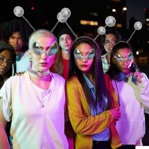 TGFIX 6 Stück Alien Kostüm Damen Karneval Alien Kostüm Accessoires mit Silberne Alien Brille Alien Haarreifen Halskette Alien Verkleidung für Karneval Fasching Maskerade Halloween Cosplay Party von TGFIX