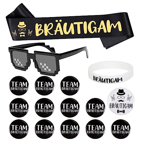 TGFIX 15 Stück Bräutigam Button Schärpe Set Groom Satin Schärpe Schwarz JGA Deko Männer Accessoires mit Pixelig Mosaik Brille Abzeichen Armbänder für Junggesellenabschiede Verlobungen Hochzeiten TGFIX 15 Stück Bräutigam Button Schärpe Set Groom Satin Schärpe Schwarz JGA Deko Männer Accessoires mit Pixelig Mosaik Brille Abzeichen Armbänder für Junggesellenabschiede Verlobungen Hochzeiten von TGFIX