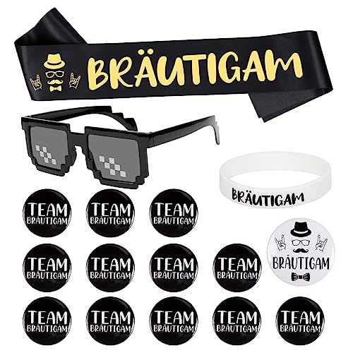 TGFIX 15 Stück Bräutigam Button Schärpe Set Groom Satin Schärpe Schwarz JGA Deko Männer Accessoires mit Pixelig Mosaik Brille Abzeichen Armbänder für Junggesellenabschiede Verlobungen Hochzeiten von TGFIX