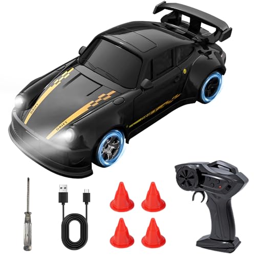 TGKYK RC Drift Car, 1:64 Rennauto Ferngesteuert mit Beleuchtung, 2,4 GHz, 4WD Mini Ferngesteuertes Auto, Typ-C Aufladung Drift Auto Ferngesteuert für Spielzeug Geschenk (Schwarz) von TGKYK