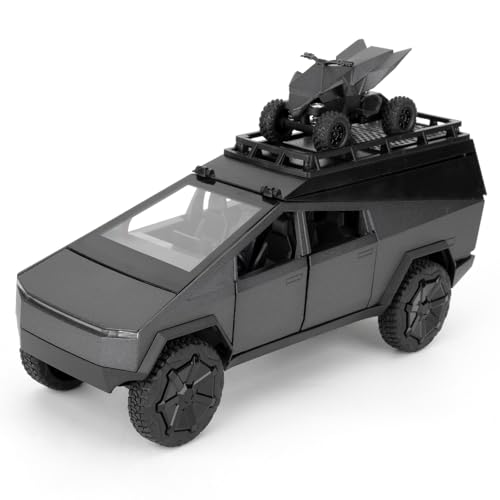 TGRCM-CZ 1/24 Tesla Cybertruck Elektrisches Pick-Up-Modellauto Camping RV mit Motorrad, Zinklegierung, Rückzieh-Spielzeugauto mit Sound und Licht, für Kinder, Jungen, Mädchen, Geschenk (Grau) von TGRCM-CZ