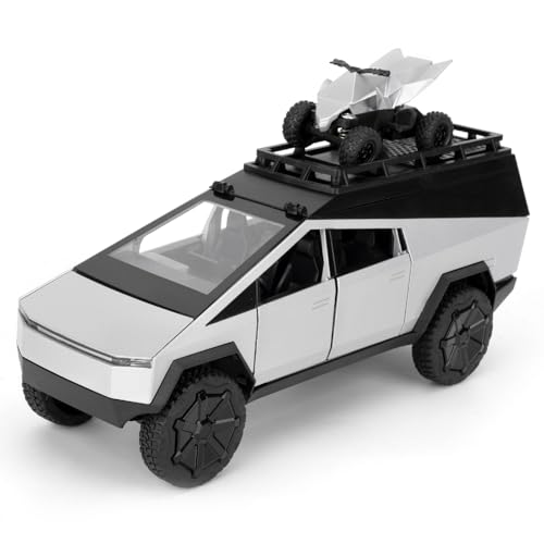 TGRCM-CZ 1/24 Tesla Cybertruck Elektrisches Pick-Up-Modellauto Camping RV mit Motorrad, Zinklegierung, Rückzieh-Spielzeugauto mit Sound und Licht, für Kinder, Jungen, Mädchen, Geschenk (Silber) von TGRCM-CZ