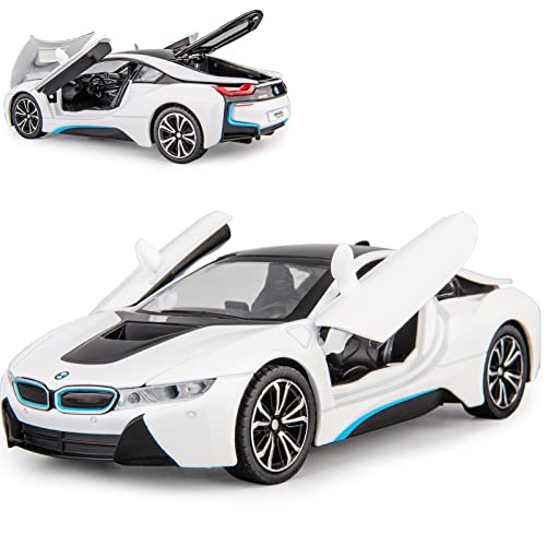 TGRCM-CZ 1/24 kompatibel für BMW I8 Modellauto, Zinklegierung, Rückzieh-Spielzeugauto mit Sound und Licht, für Kinder, Jungen, Mädchen, Geschenk (weiß) von TGRCM-CZ
