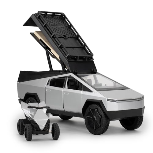 TGRCM-CZ 1/32 Tesla Cybertruck Elektrischer Pick-Up Modell Auto Camping RV mit Motorrad, Zink Legierung Pull Back Fahrzeuge Modellauto mit Ton und Licht für Kinder 3+ Jahre alt (Silvery) von TGRCM-CZ