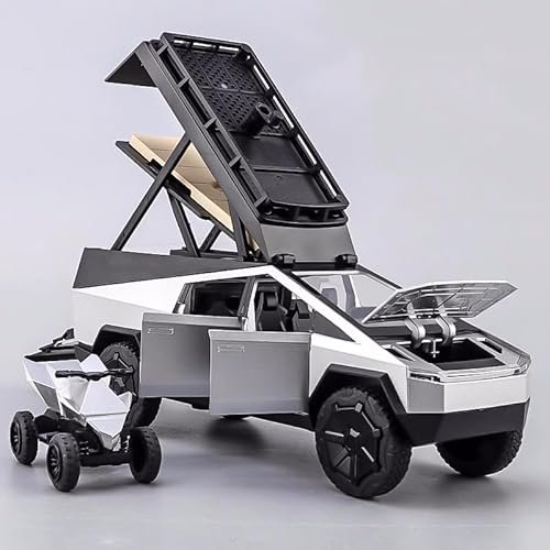 TGRCM-CZ 1/32 Tesla Cybertruck Elektrischer Pick-Up Modell Auto Camping RV mit Motorrad, Zink Legierung Pull Back Fahrzeuge Modellauto mit Ton und Licht für Kinder 3+ Jahre alt (Silvery) von TGRCM-CZ