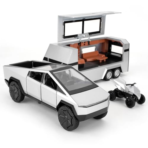 TGRCM-CZ 1/32 Tesla Cybertruck Elektro Pick Up Truck RV Modell Auto mit einem Motorrad, Zink Legierung Pull Back Motorhome Spielzeug Auto mit Ton und Licht für Kinder Jungen Mädchen Geschenk(Silber) von TGRCM-CZ