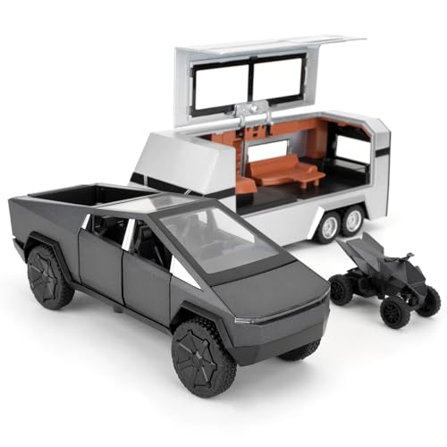 TGRCM-CZ 1/32 Tesla Cybertruck Elektro Pick Up Truck RV Modell Auto mit einem Motorrad, Zink Legierung Pull Back Motorhome Spielzeug Auto mit Ton und Licht für Kinder Jungen Mädchen Geschenk(Grau) von TGRCM-CZ