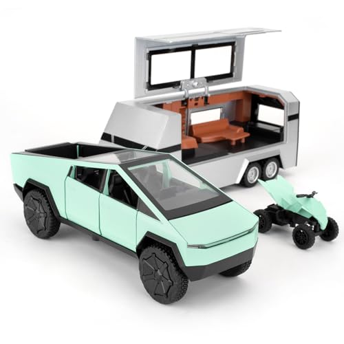 TGRCM-CZ 1/32 Tesla Cybertruck Elektro Pick Up Truck RV Modell Auto mit einem Motorrad, Zink Legierung Pull Back Motorhome Spielzeug Auto mit Ton und Licht für Kinder Jungen Mädchen Geschenk(Grün) von TGRCM-CZ